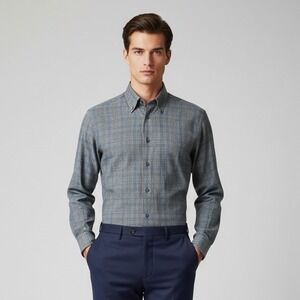 Brioni Mens Dress Shirt Long Sleeve Gray Blue Plaid Check Button Down Size Large